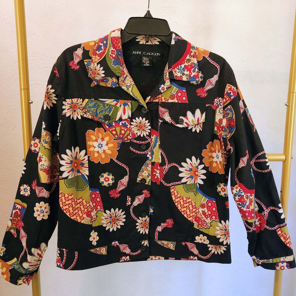 Anne Carson Black Floral Japanese Fan Print Cotton Button Down Jacket Size M